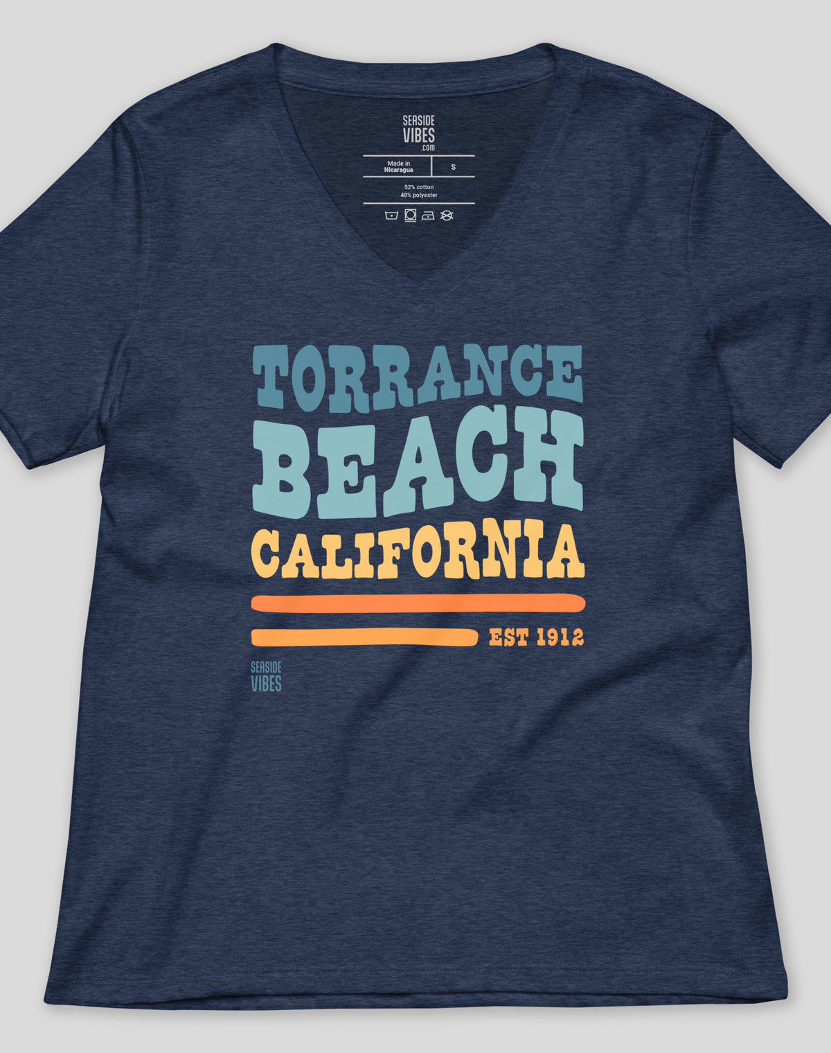 V-Neck: Torrance Beach Vibes Tee | Heather Navy