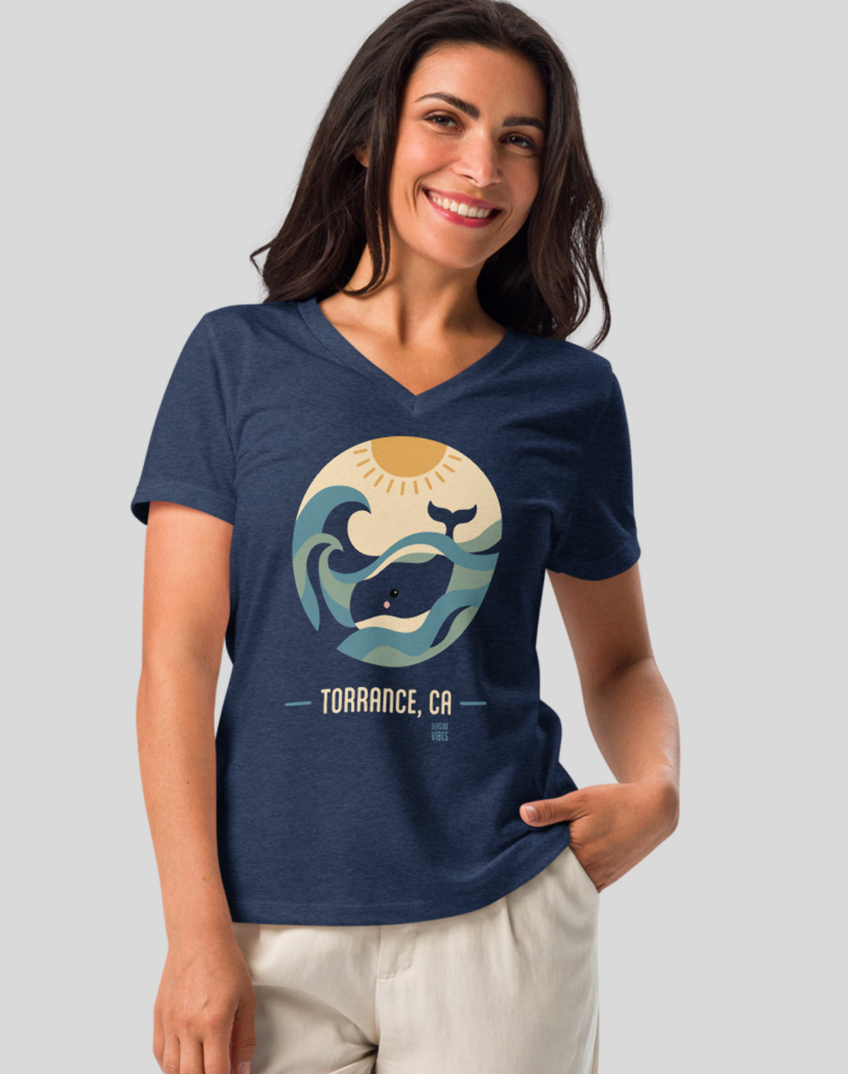 V-Neck: Torrance Whale Sunset Tee | Heather Navy