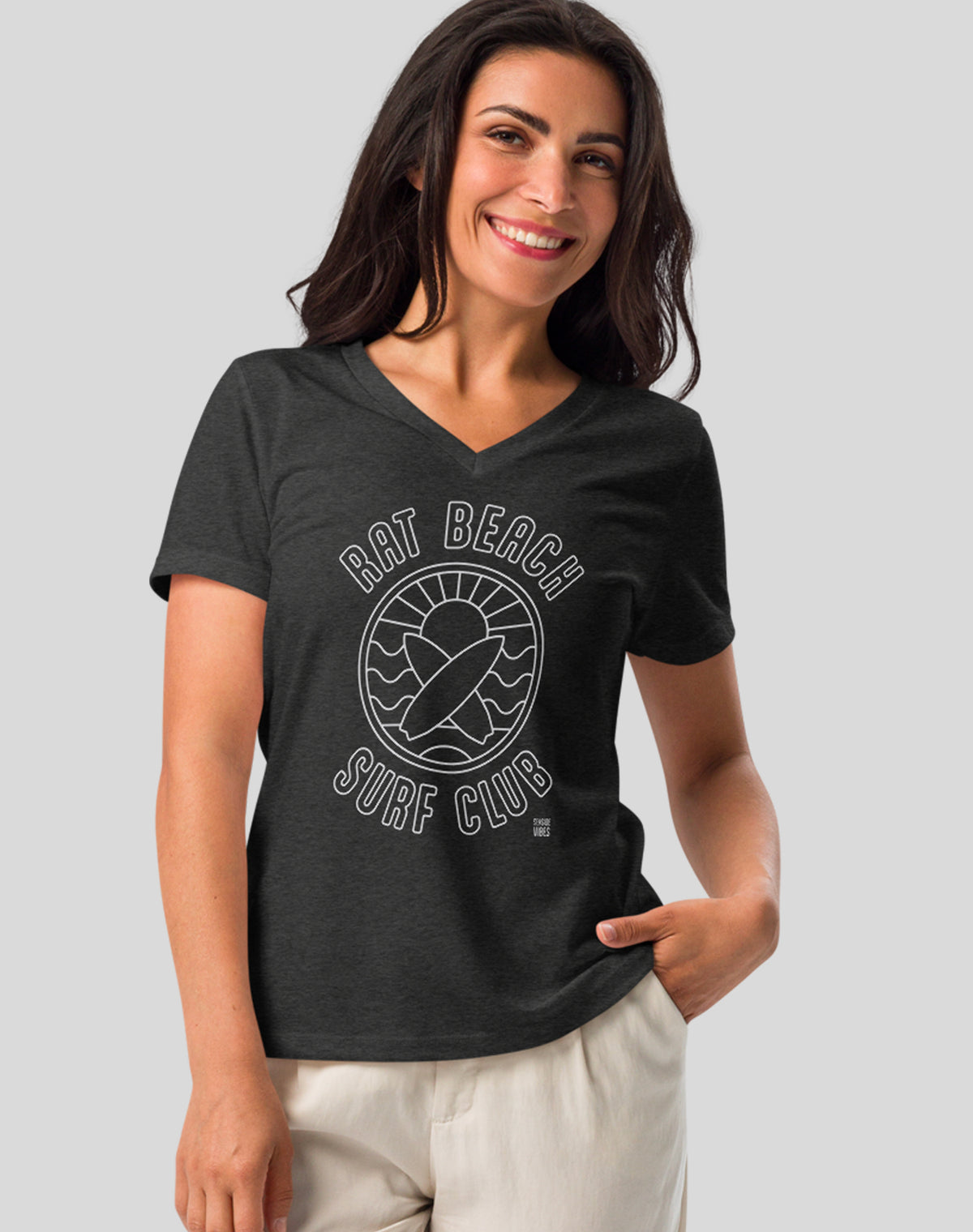 V-Neck: Rat Beach Surf Club Sunset Tee | Dark Grey Heather