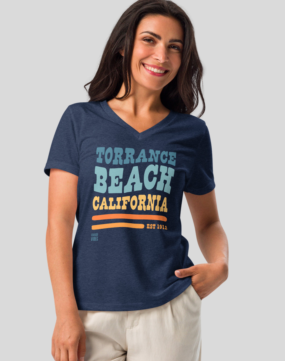 V-Neck: Torrance Beach Vibes Tee | Heather Navy