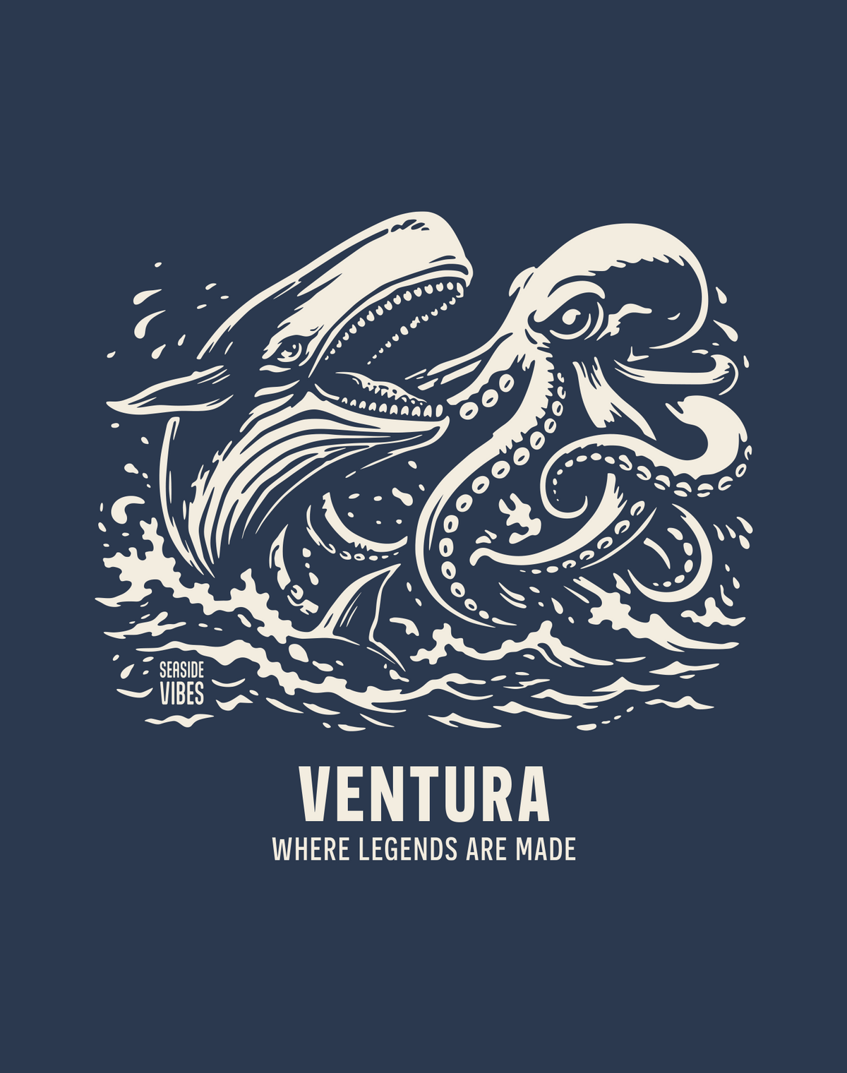 Ventura Octopus vs Whale Legends Tee - Cotton Blend | Midnight Navy