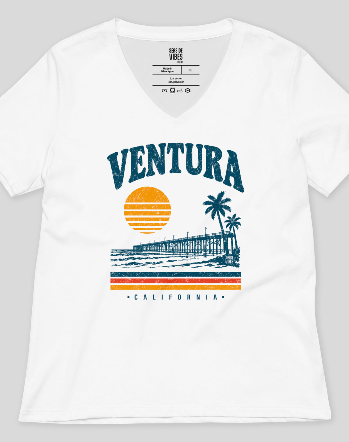 V-Neck: Vintage Ventura California Sunset Tee | White