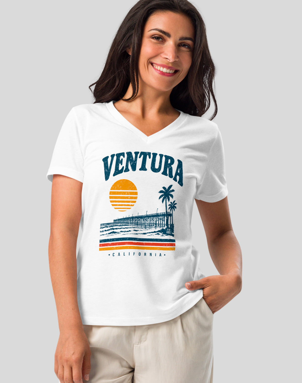 V-Neck: Vintage Ventura California Sunset Tee | White