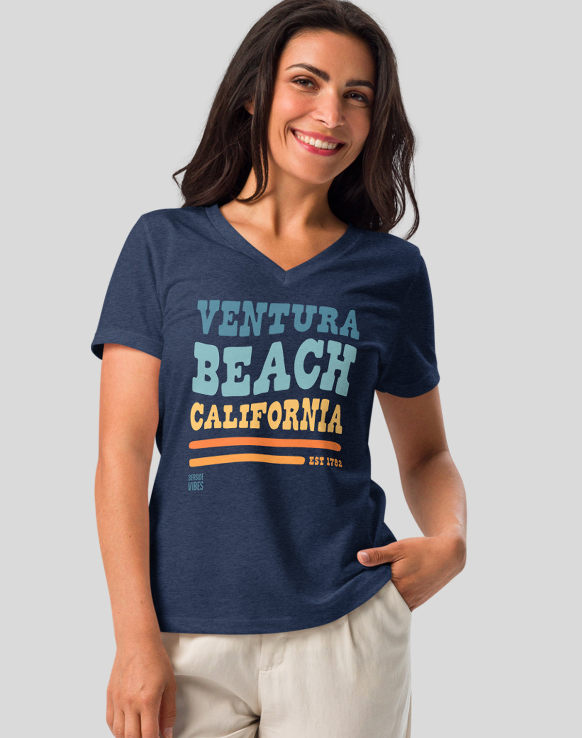 V-Neck: Ventura Beach Vibes Tee - Heather Navy