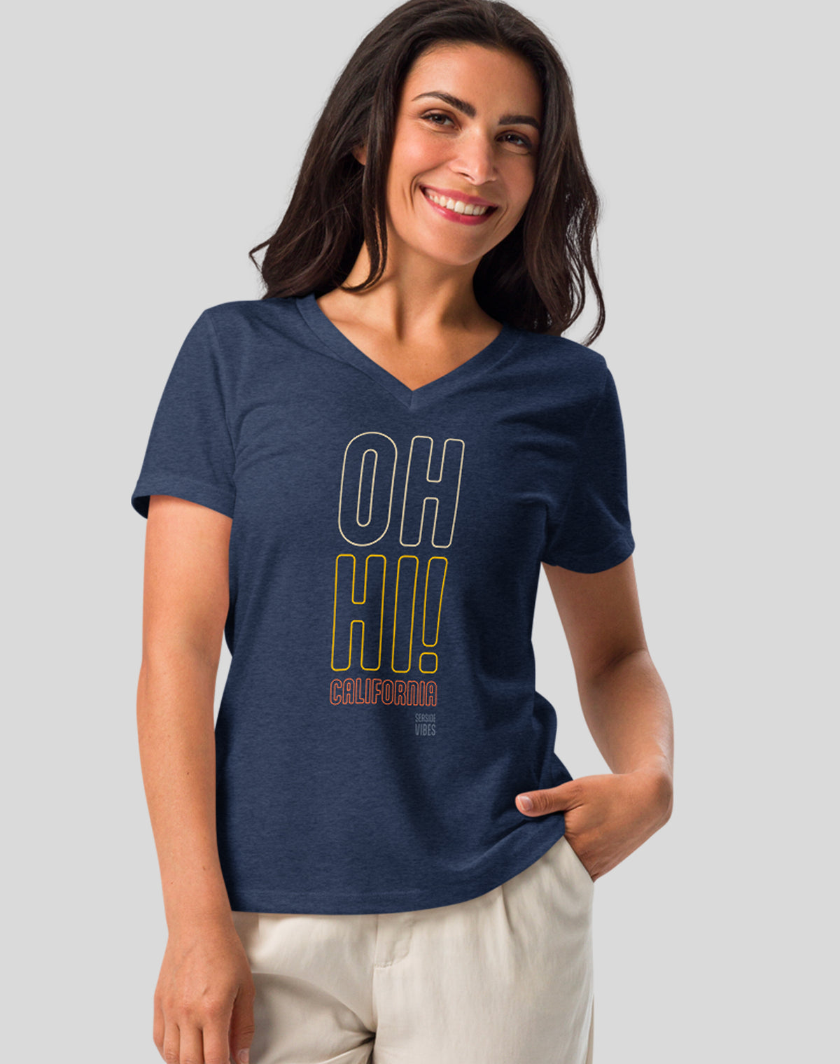 V-Neck: OH HI! California Tee - Heather Navy