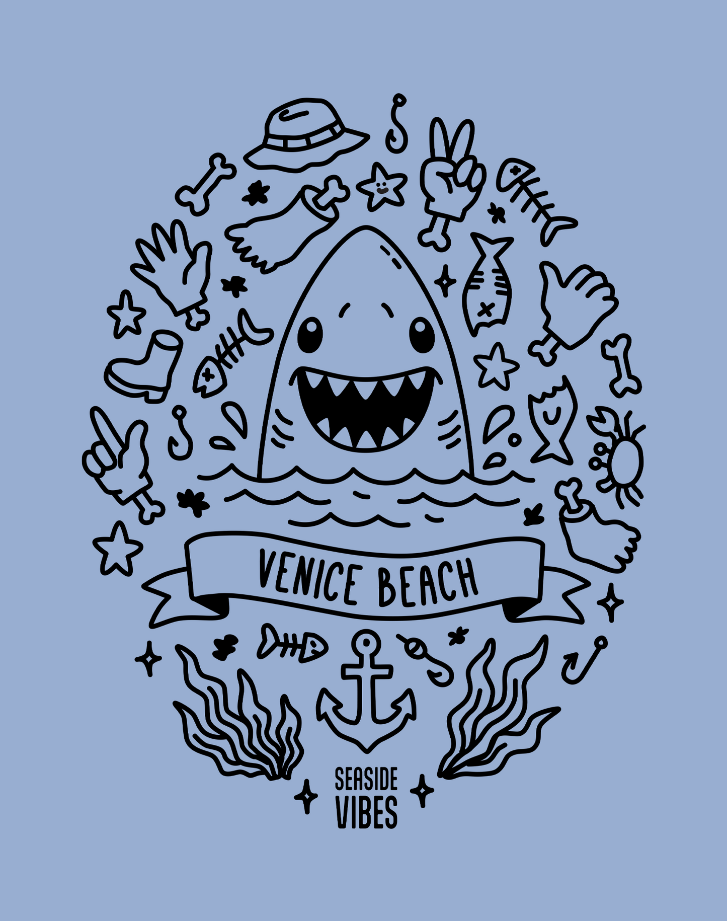 Unisex: Venice Beach Shark Attack! Tee - 100% Cotton | Washed Denim