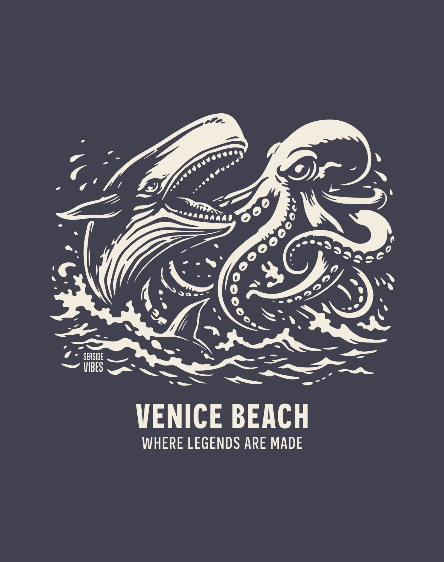 Unisex: Venice Beach Octopus vs Whale Legends Tee - 100% Cotton | Navy