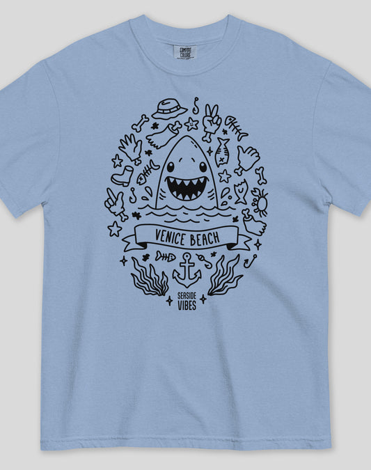 Unisex: Venice Beach Shark Attack! Tee - 100% Cotton | Washed Denim