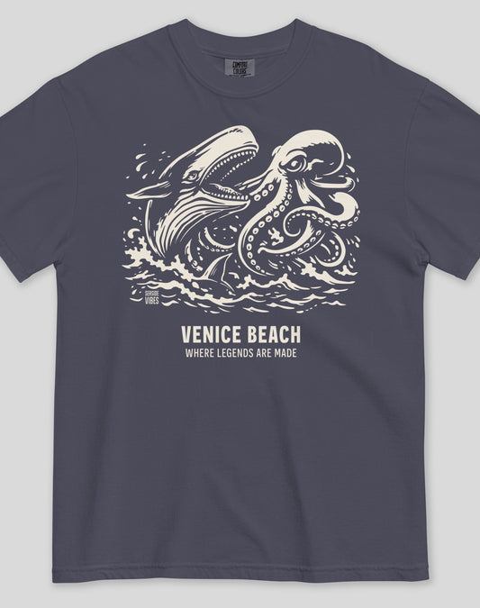 Unisex: Venice Beach Octopus vs Whale Legends Tee - 100% Cotton | Navy