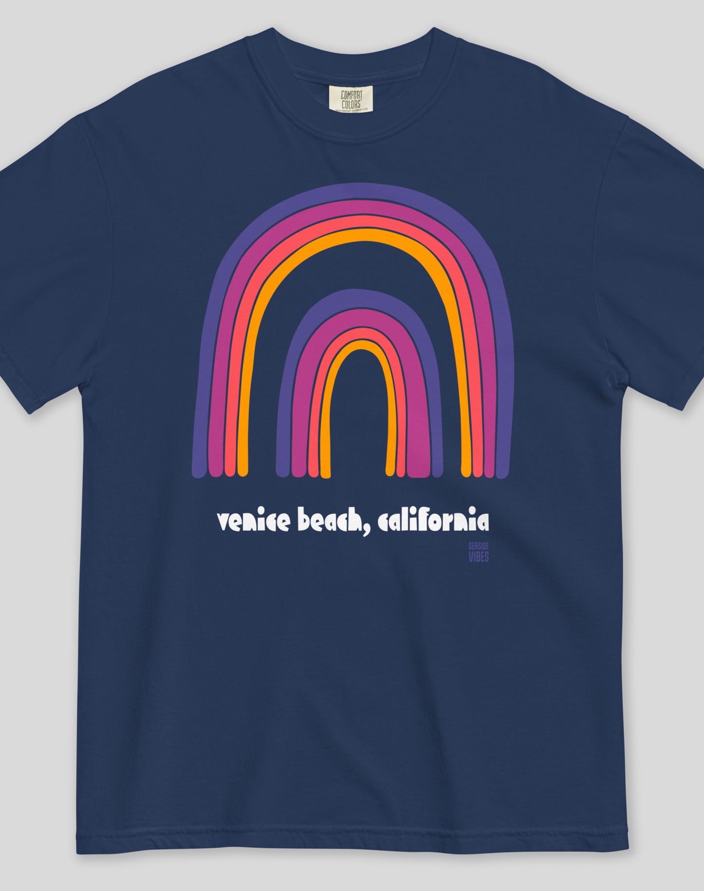 Unisex: Venice Beach Double Rainbow Tee - 100% Cotton | True Navy