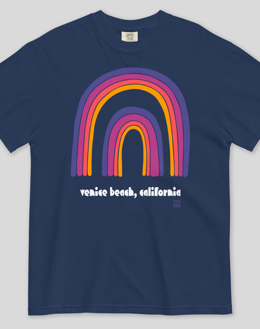 Unisex: Venice Beach Double Rainbow Tee - 100% Cotton | True Navy