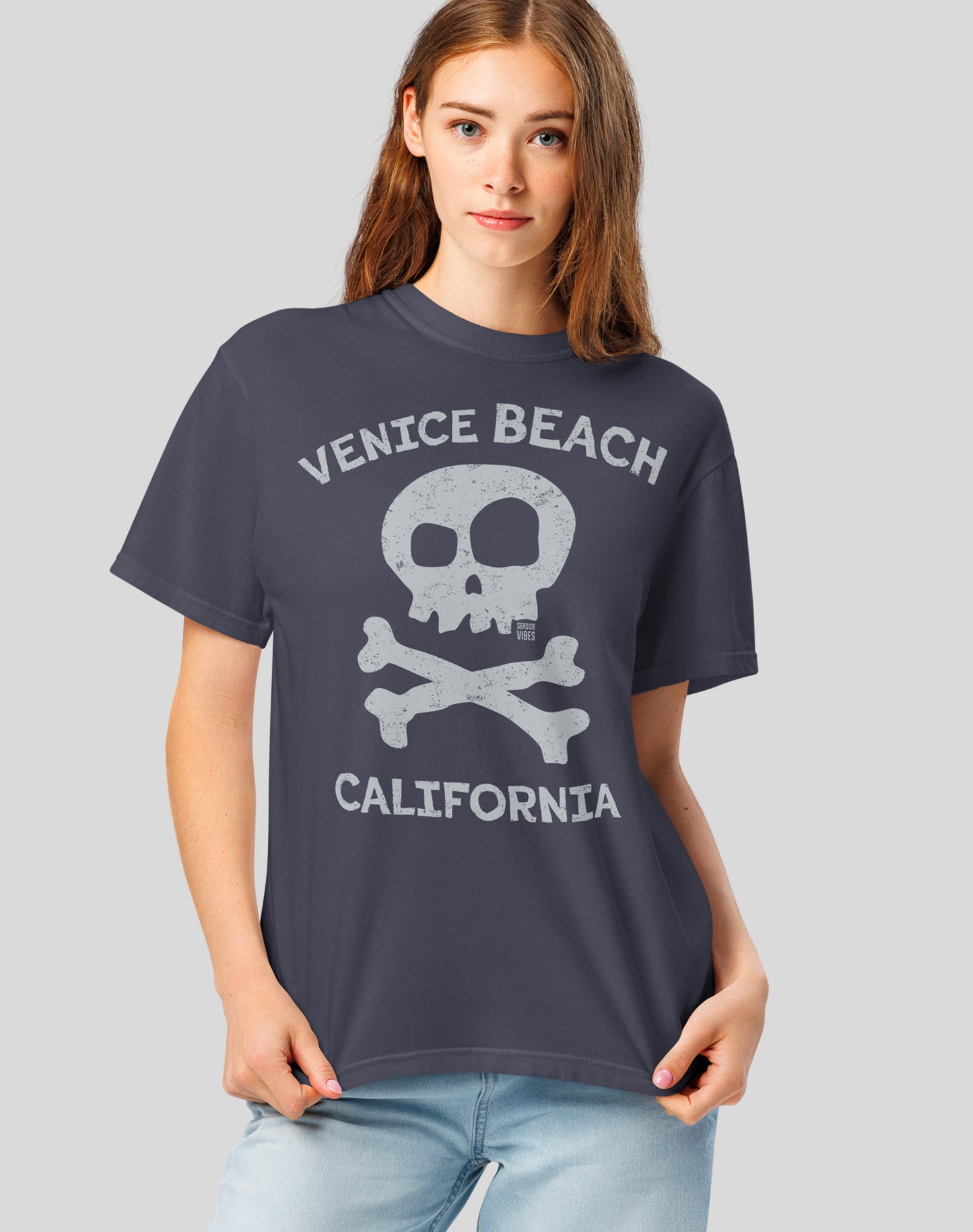 Unisex: Venice Beach Skull & Bones Tee - 100% Cotton | Navy