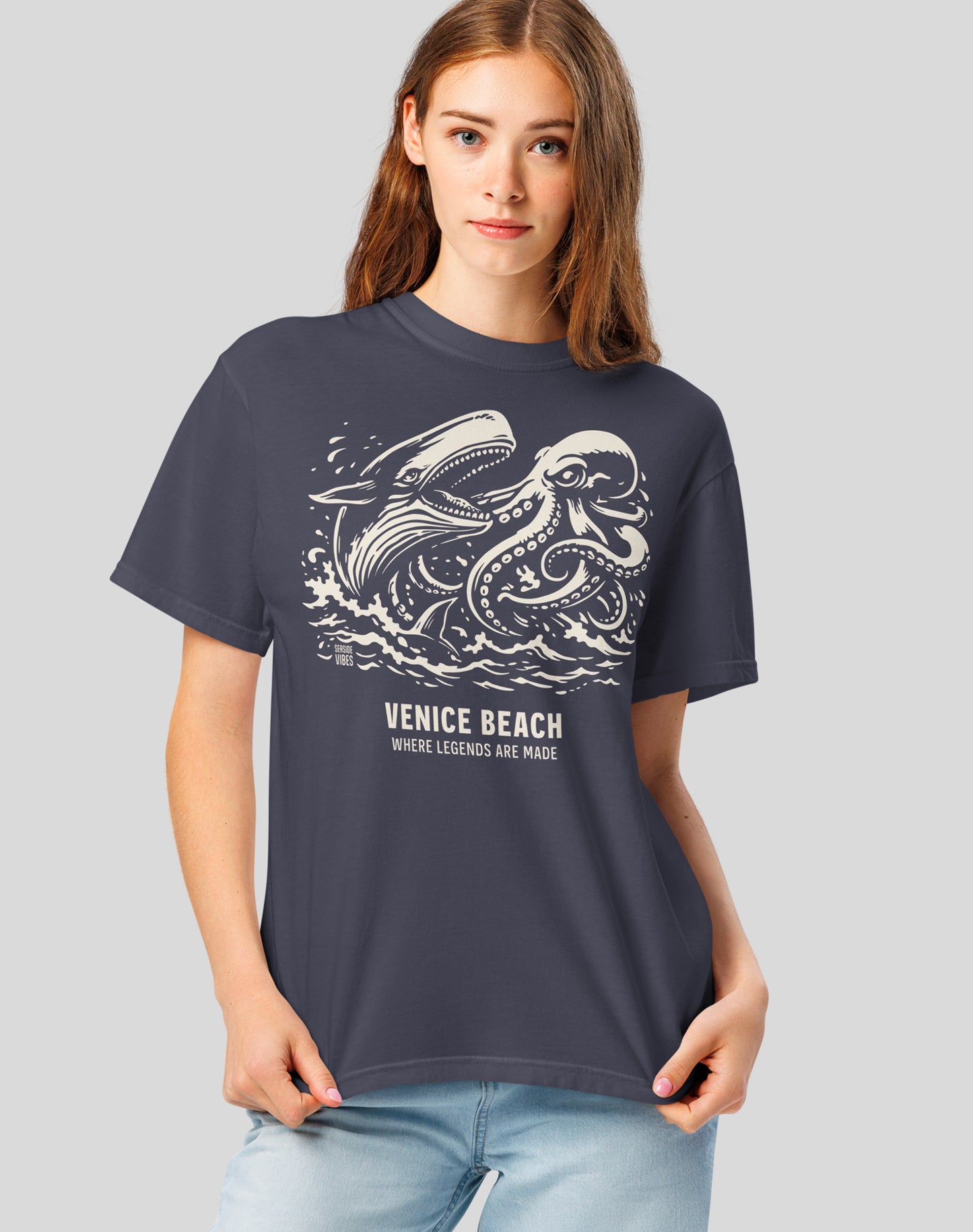 Unisex: Venice Beach Octopus vs Whale Legends Tee - 100% Cotton | Navy