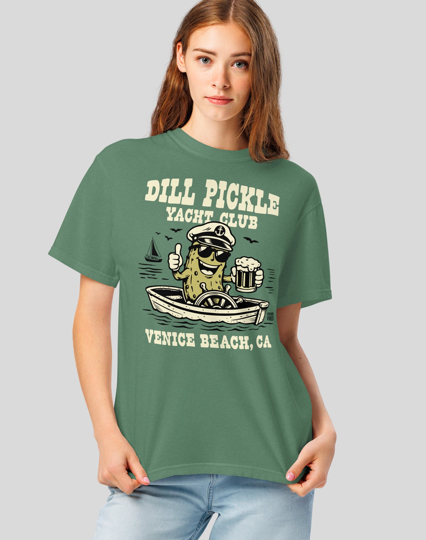 Unisex: Venice Beach Dill Pickle Yacht Club Tee - 100% Cotton | Light Green