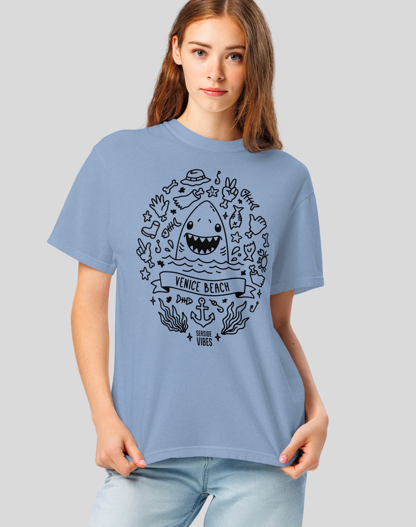 Unisex: Venice Beach Shark Attack! Tee - 100% Cotton | Washed Denim