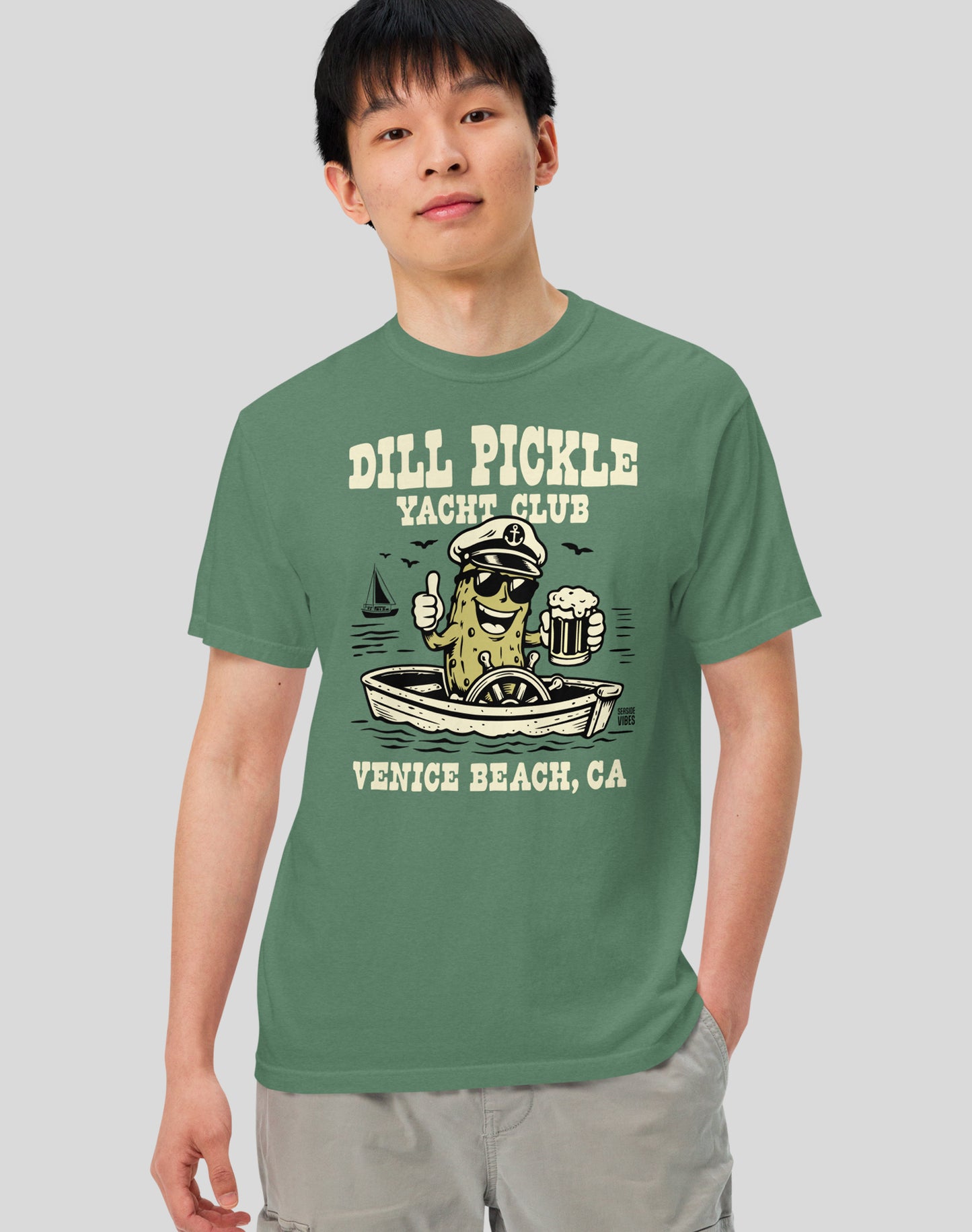 Unisex: Venice Beach Dill Pickle Yacht Club Tee - 100% Cotton | Light Green
