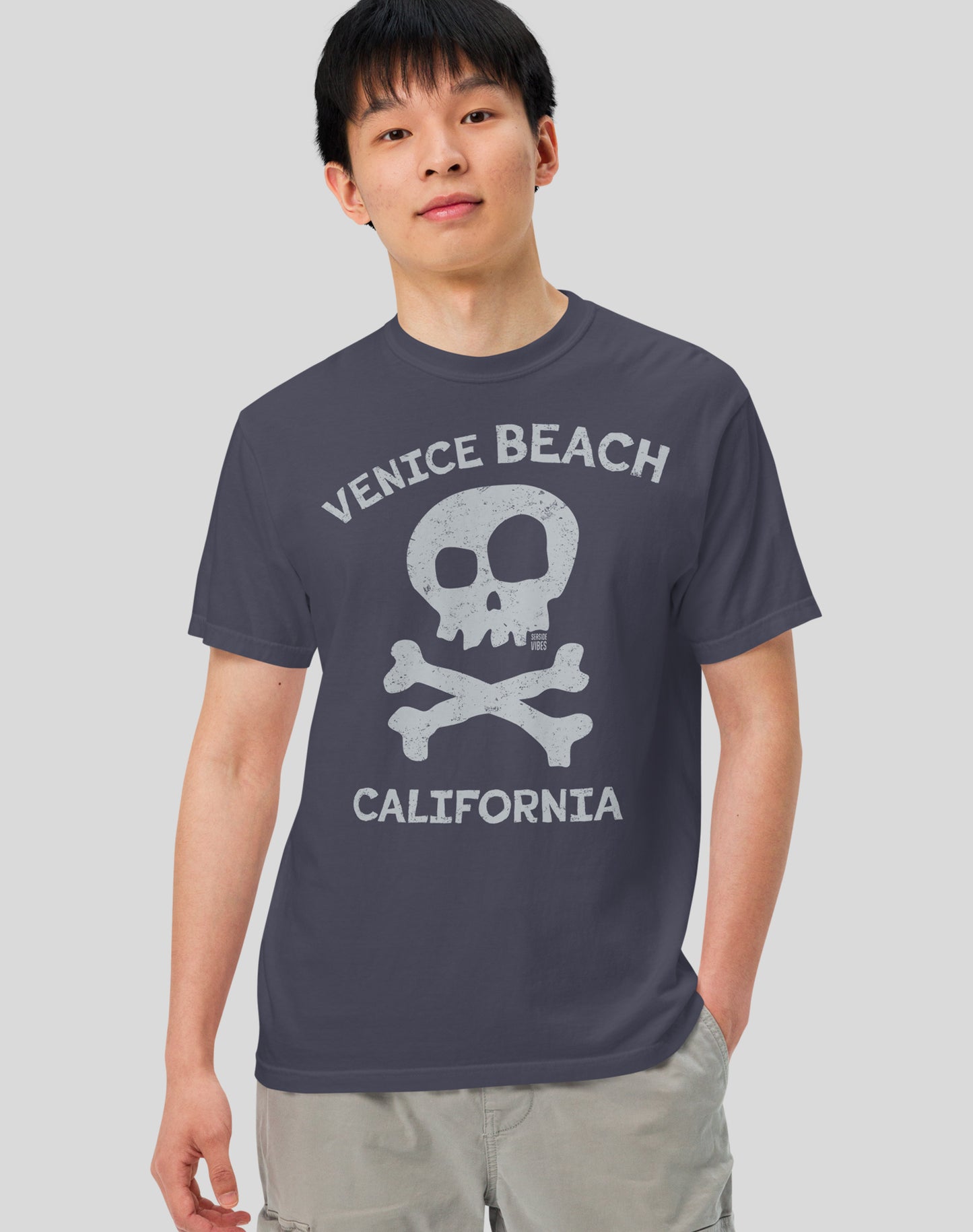 Unisex: Venice Beach Skull & Bones Tee - 100% Cotton | Navy