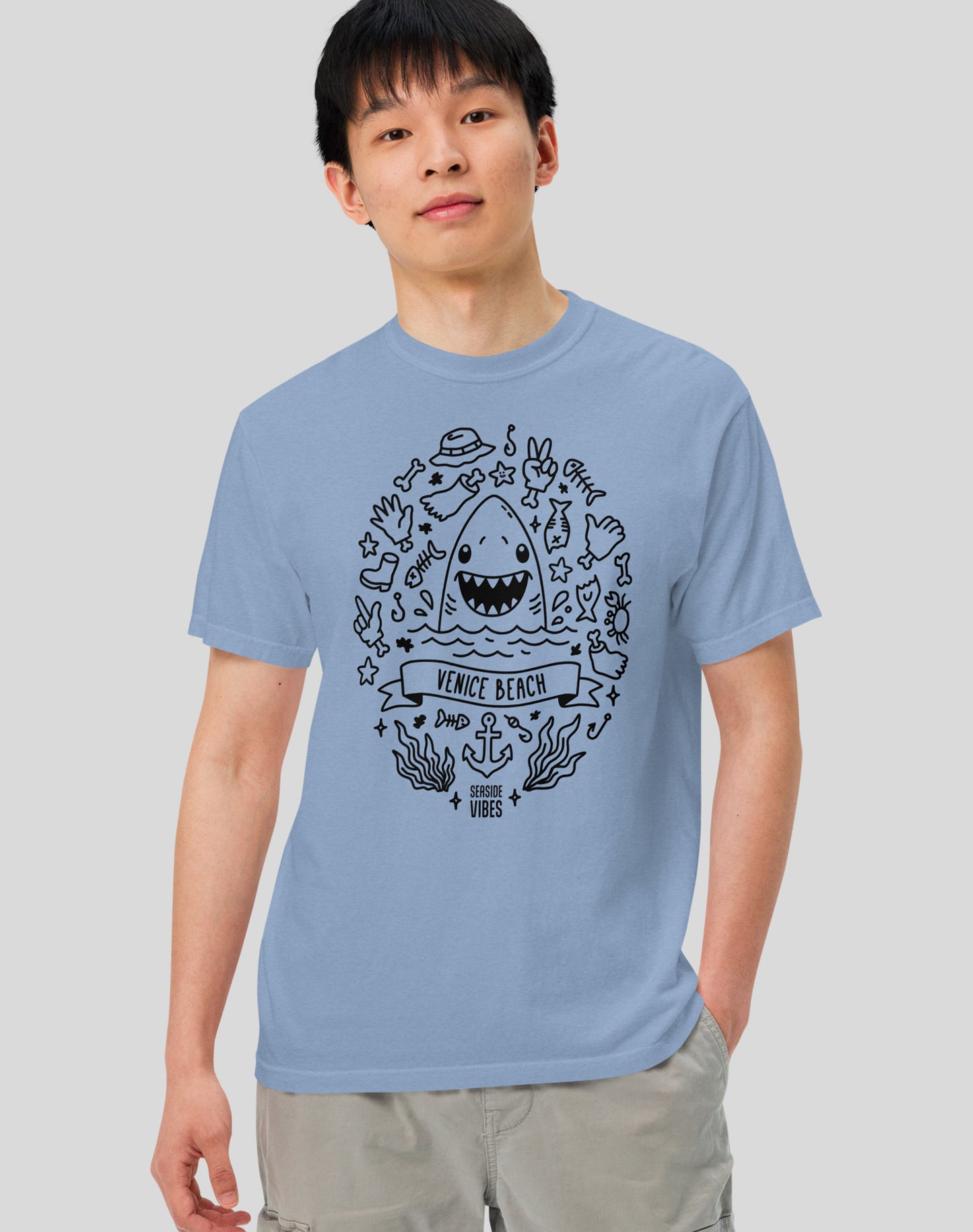 Unisex: Venice Beach Shark Attack! Tee - 100% Cotton | Washed Denim