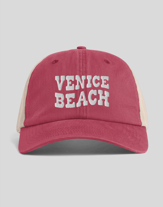 Venice Beach Vibes Sunwashed Trucker Hat | Crimson/Tan