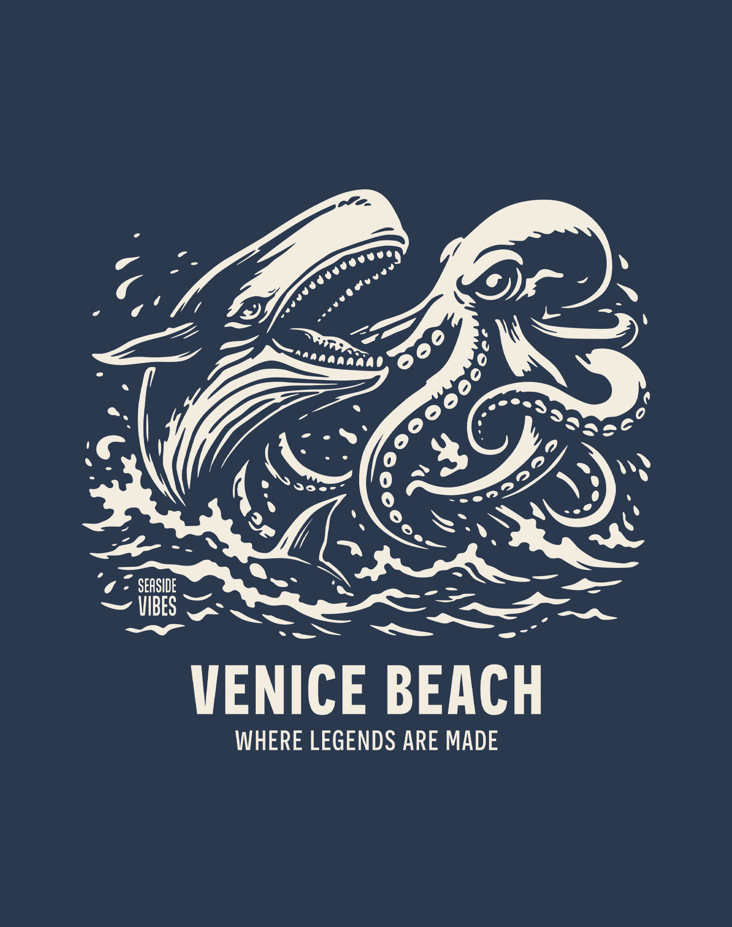 Venice Beach Octopus vs Whale Legends Tee - Cotton Blend | Midnight Navy