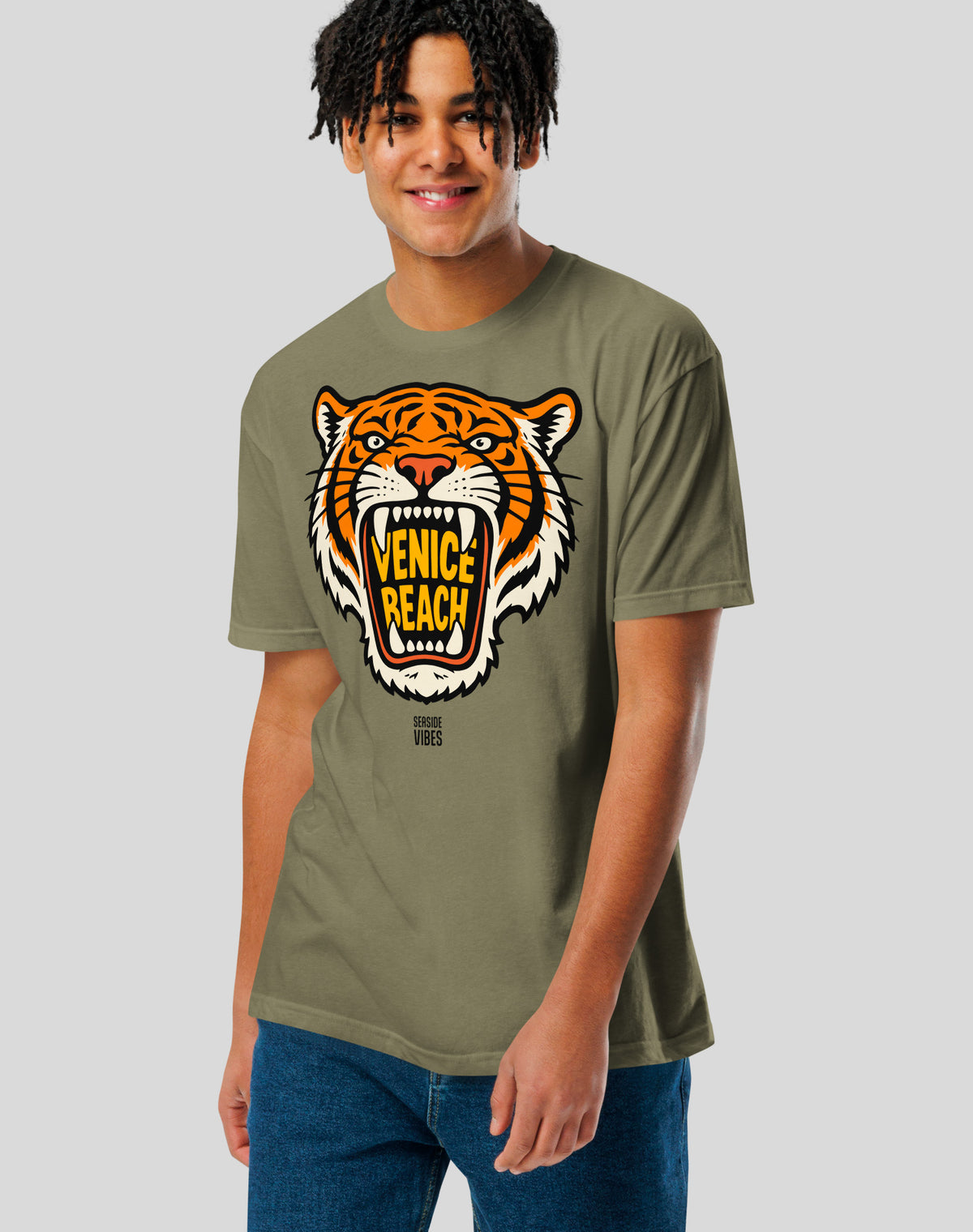 Venice Beach AF Tiger Tee - Cotton Blend | Military Green