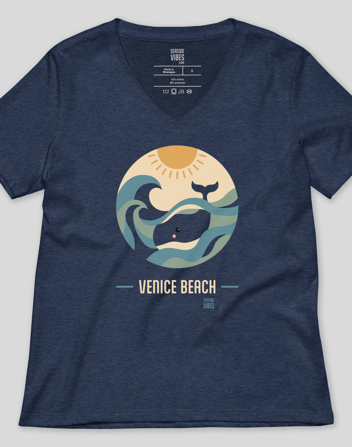 V-Neck: Venice Beach Whale Sunset Tee | Heather Navy