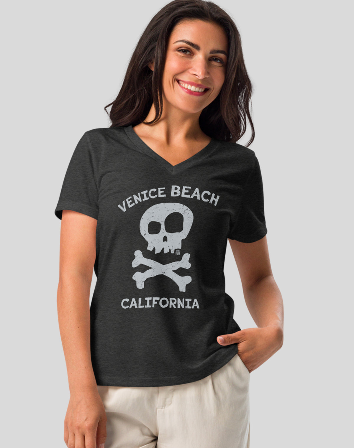 V-Neck: Venice Beach Skull & Bones Tee - Dark Grey Heather