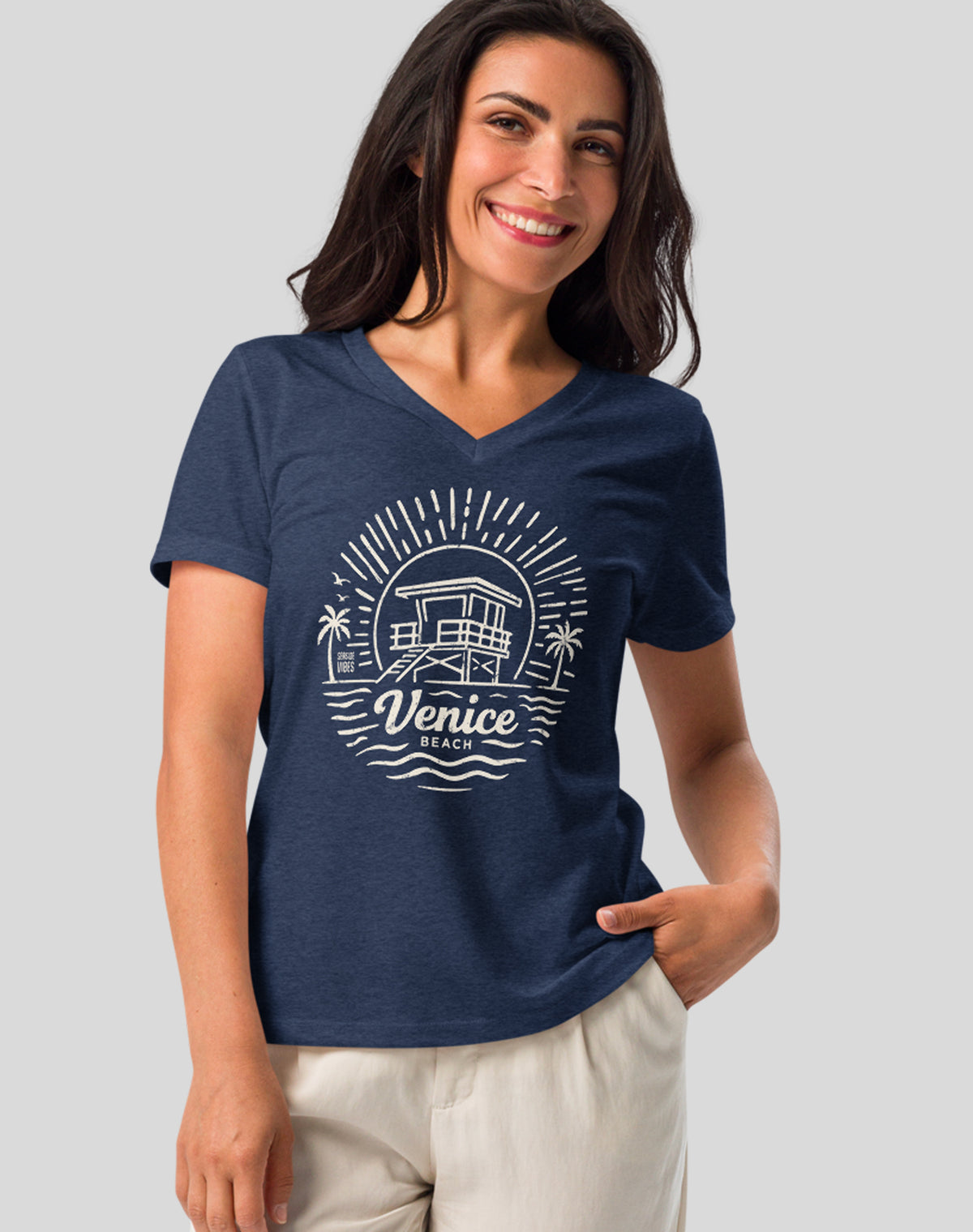 V-Neck: Venice Beach Sunrise Session Tee | Heather Navy