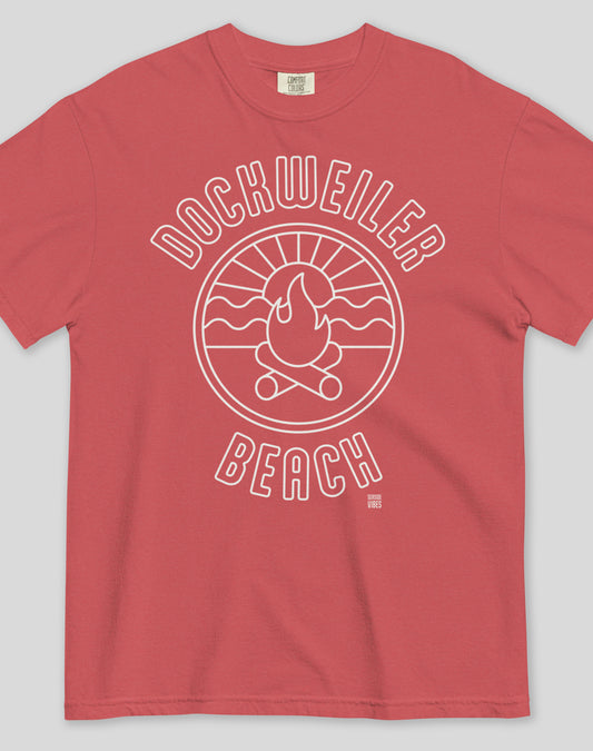 Unisex: Dockweiler Beach Sunset Tee - 100% Cotton | Crimson