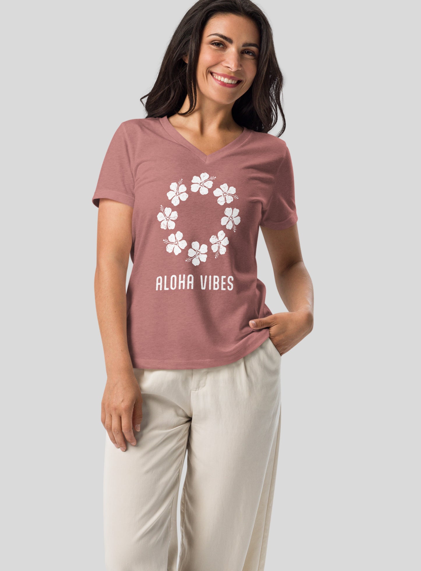 V-Neck: Aloha Vibes Tee - Heather Mauve