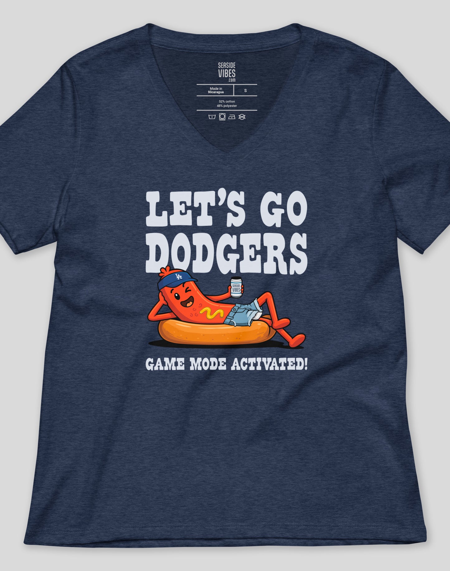 V-Neck: Let's Go Dodgers, Game Mode Activated! Tee - Heather Navy