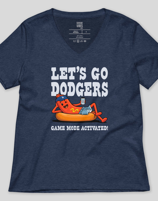 V-Neck: Let's Go Dodgers, Game Mode Activated! Tee - Heather Navy