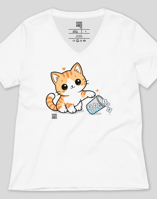 V-Neck: Super Cute F*ck Ice Kitten Tee | White