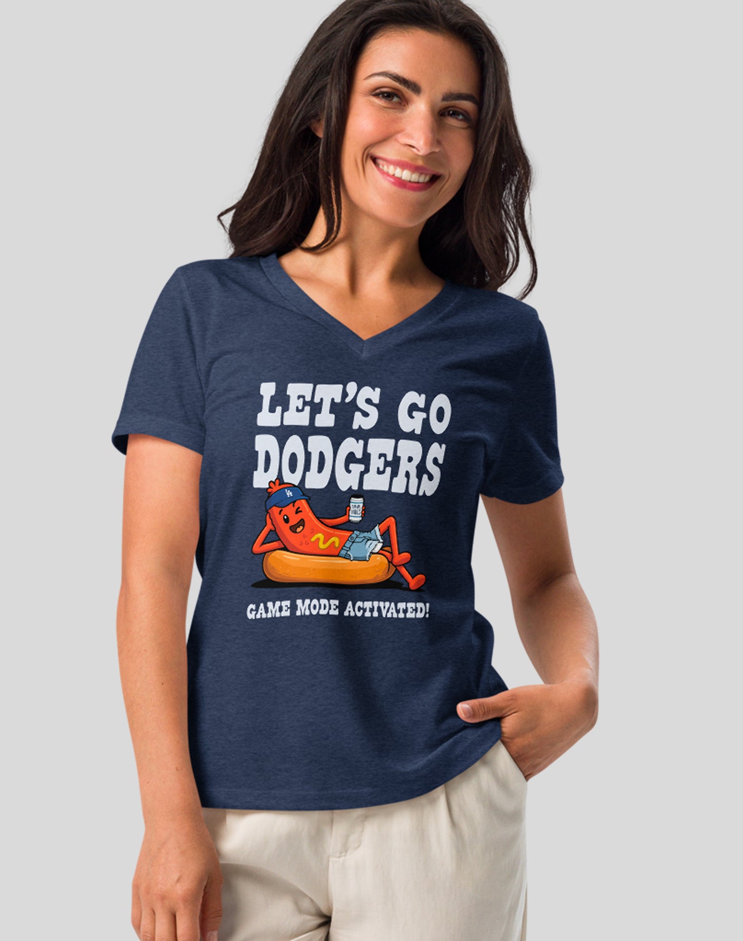 V-Neck: Let's Go Dodgers, Game Mode Activated! Tee - Heather Navy